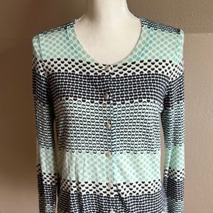 Talbots navy, cream and aqua geometric pattern button front cardigan.